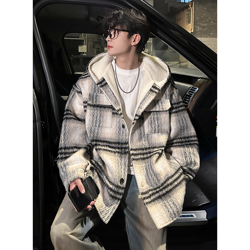 MH08`条纹ins加厚中长款羊羔毛呢料外套连帽棉衣棉服男 P118图片