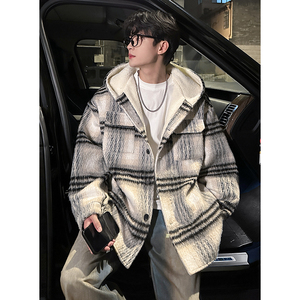 MH08`条纹ins加厚中长款羊羔毛呢料外套连帽棉衣棉服男 P118图片