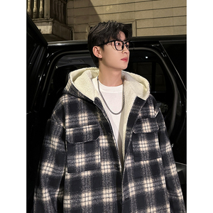 MH10`条纹ins加厚中长款羊羔毛呢料外套连帽棉衣棉服男P118