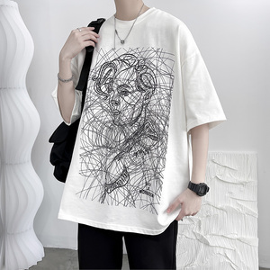 DX1083已注册版权情侣大码宽松抽象线头人物短袖T恤P3548白5，男装T恤，电商A066