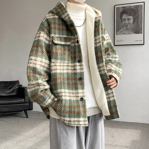 MH09`条纹ins加厚中长款羊羔毛呢料外套连帽棉衣棉服男 P118图片