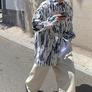 CT21宽松情侣港风大码ins扎染条纹衬衫外套男P4868蓝色，男装衬衫，电商A066