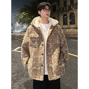 MH13`条纹ins加厚中长款羊羔毛呢料外套连帽棉衣棉服男 P118图片