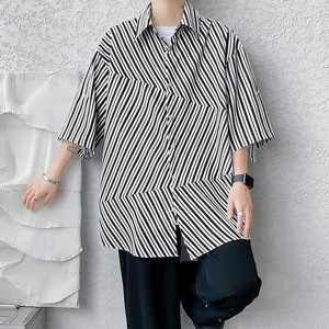 DX1543`夏季清爽条纹拼接~五分袖中袖短袖衬衫男女P48图片