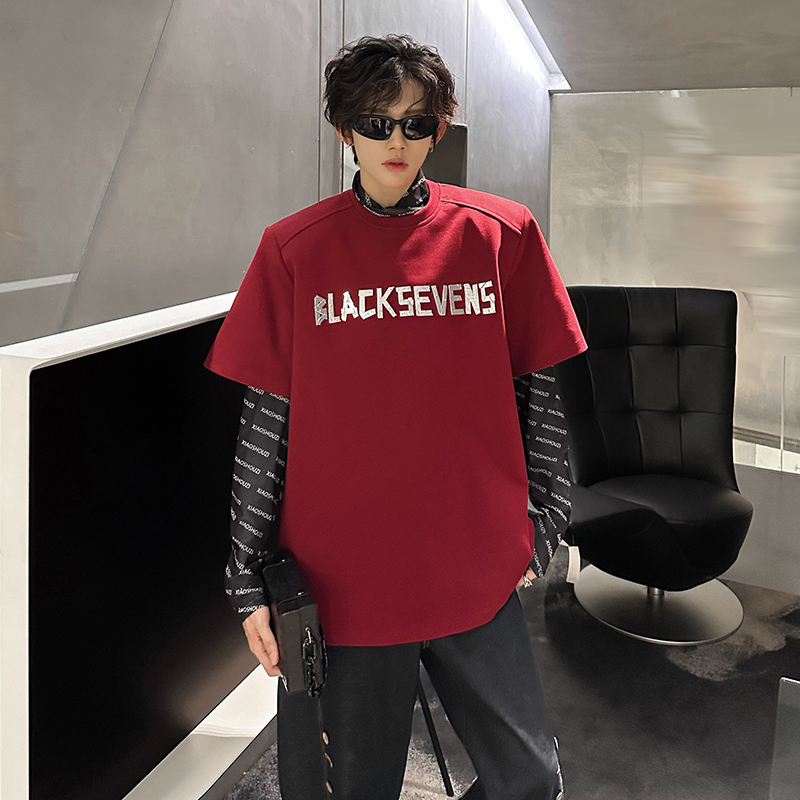 KT1025`（垫肩可拆装）立体金属短袖T恤男ins潮牌上痞帅P48，男装T恤，电商A066