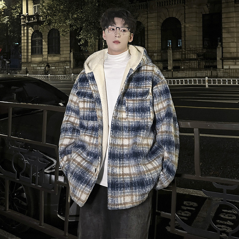 MH16`条纹ins加厚中长款羊羔毛呢料外套连帽棉衣棉服男 P118图片