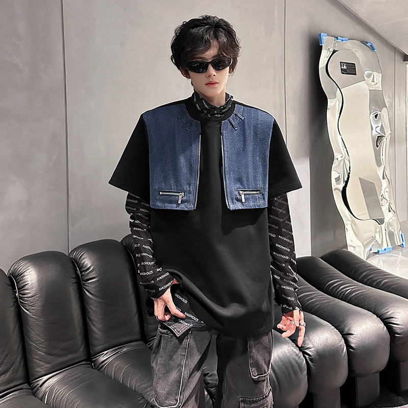 KT1018`（垫肩可拆装）假两件拼接牛仔短袖T恤男ins潮牌上痞帅P55,男装T恤,电商A066