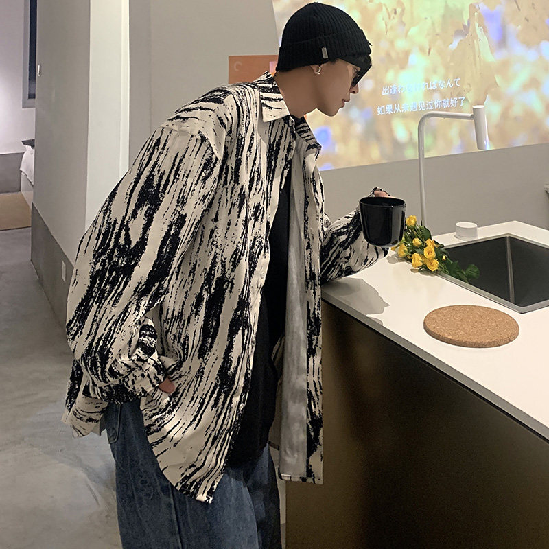 CT21宽松情侣港风大码ins扎染条纹衬衫外套男P4868蓝色,男装衬衫,电商A066