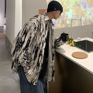 CT21宽松情侣港风大码ins扎染条纹衬衫外套男P4868蓝色图片