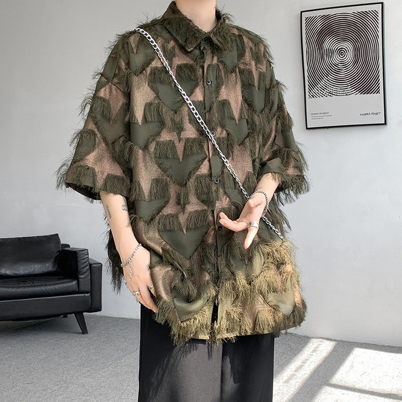 DX1558`oversize宽松重工艺流苏烫金情侣花衬衫男女P5578黑,男装衬衫,电商A066