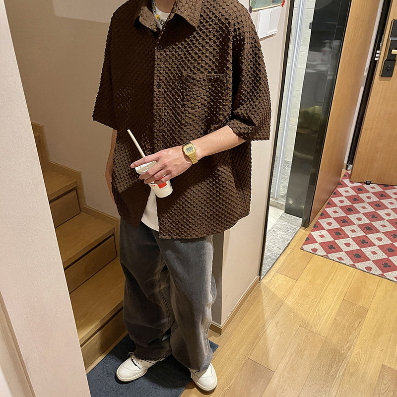 DX1529宽松大码情侣中性立体刺绣街潮短袖五分袖衬衫P4558咖,男装T恤,电商A066
