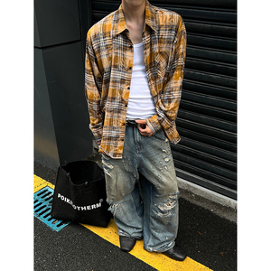CR007`暗黑风全棉重工艺格子潮牌高街ins衬衫男女P45,米白色衬衫怎么搭配男生图片