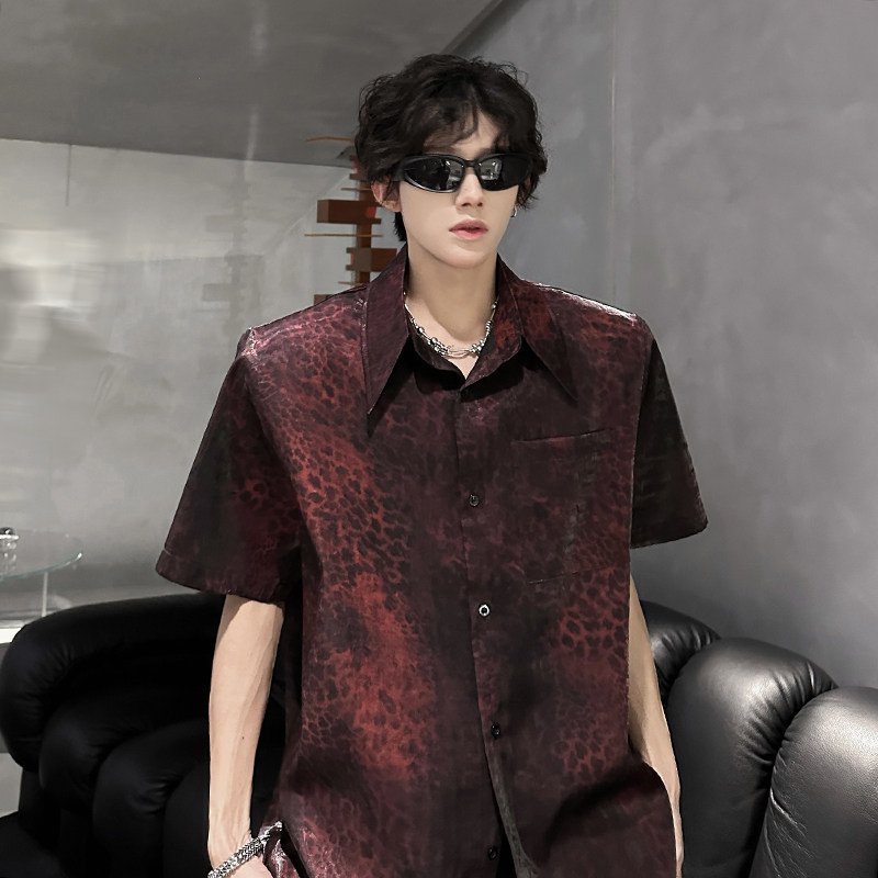 KT1023`（垫肩可拆装）豹纹短袖衬衫男P45,男装T恤,电商A066