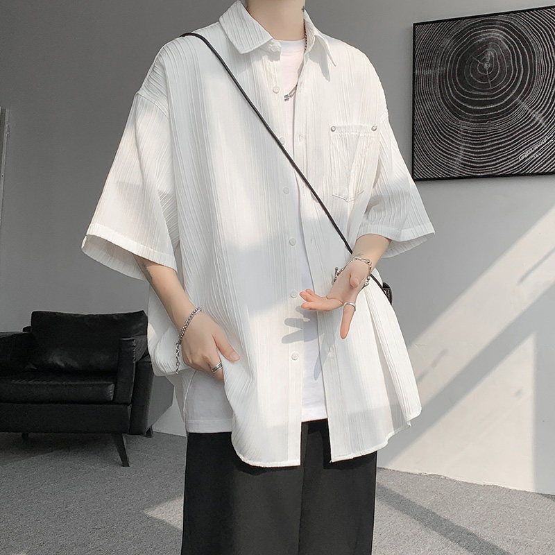 DX1548`大码情侣中性简约铆钉装饰五分袖短袖衬衫男女P4868,男装衬衫,电商A066