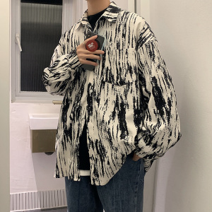 CT21宽松情侣港风大码ins扎染条纹衬衫外套男P4868 黑色图片