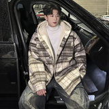 MH15`条纹ins加厚中长款羊羔毛呢料外套连帽棉衣棉服男P118，男装棉衣，电商A066