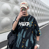 DX1510宽松大码情侣中性风个性字母彩印短袖T恤P3548黑色，男装T恤，电商A066