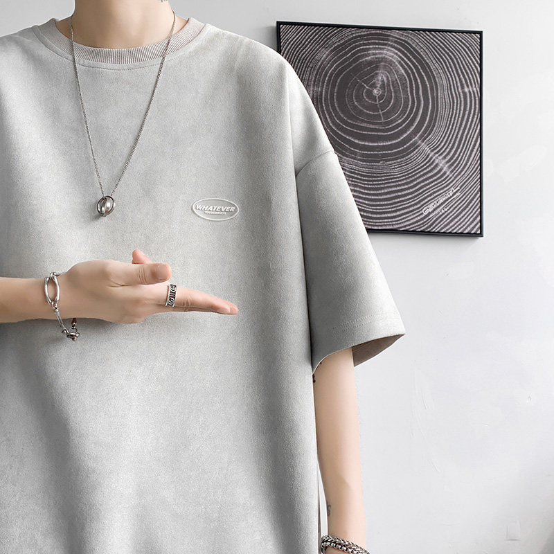 DX1533`重磅280克抖音-麂皮绒宽松情侣短袖T恤男P3548灰，男装T恤，电商A066