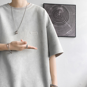 DX1533`重磅280克抖音-麂皮绒宽松情侣短袖T恤男P3548灰，男装T恤，电商A066