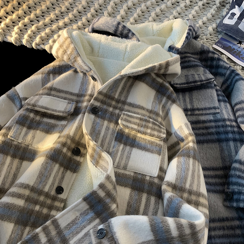 MH11`条纹ins加厚中长款羊羔毛呢料外套连帽棉衣棉服男P118,男装棉衣,电商A066