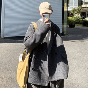 FT02条纹呢料  宽松大码情侣西装型风衣外套男 P98 118浅灰图片