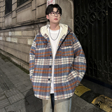 MH09`条纹ins加厚中长款羊羔毛呢料外套连帽棉衣棉服男P118，男装棉衣，电商A066