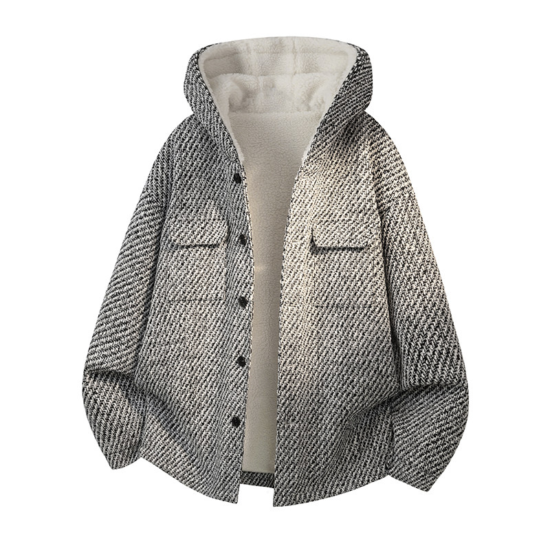 MH20`条纹ins加厚中长款羊羔毛呢料外套连帽棉衣棉服男P118，男装棉衣，电商A066