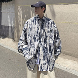 CT21宽松情侣港风大码ins扎染条纹衬衫外套男P4868黑色，男装衬衫，电商A066