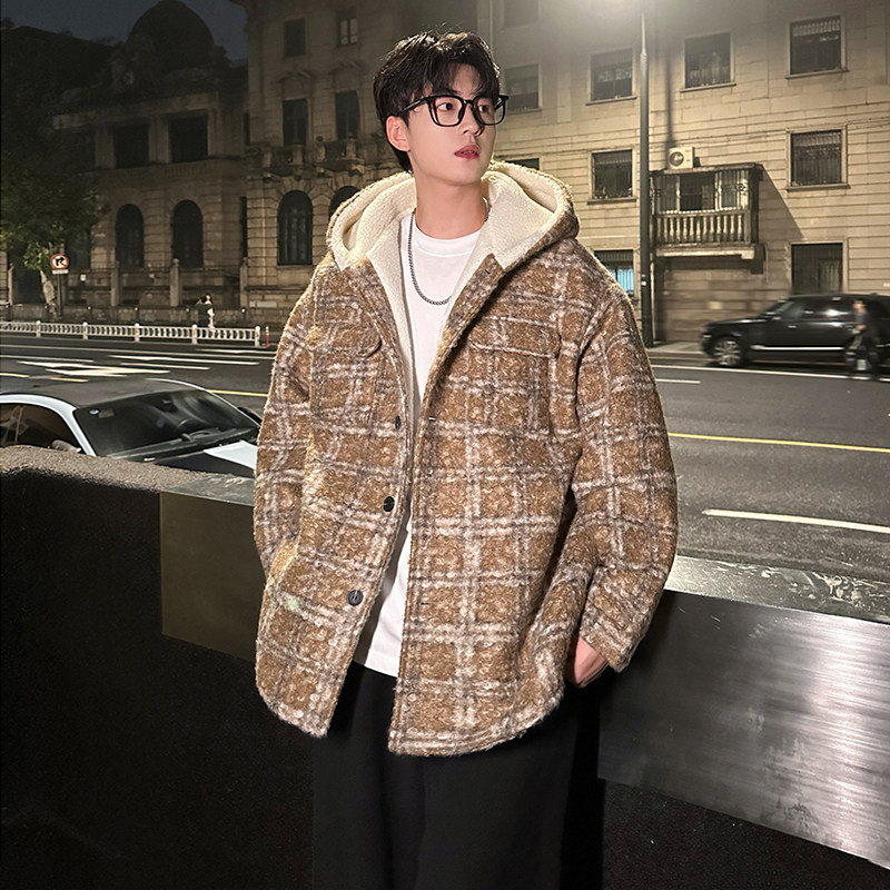 MH13`条纹ins加厚中长款羊羔毛呢料外套连帽棉衣棉服男P118,男装棉衣,电商A066