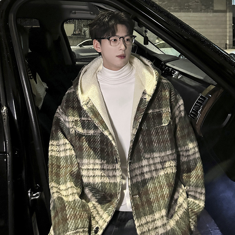 MH09`条纹ins加厚中长款羊羔毛呢料外套连帽棉衣棉服男P118,男装棉衣,电商A066