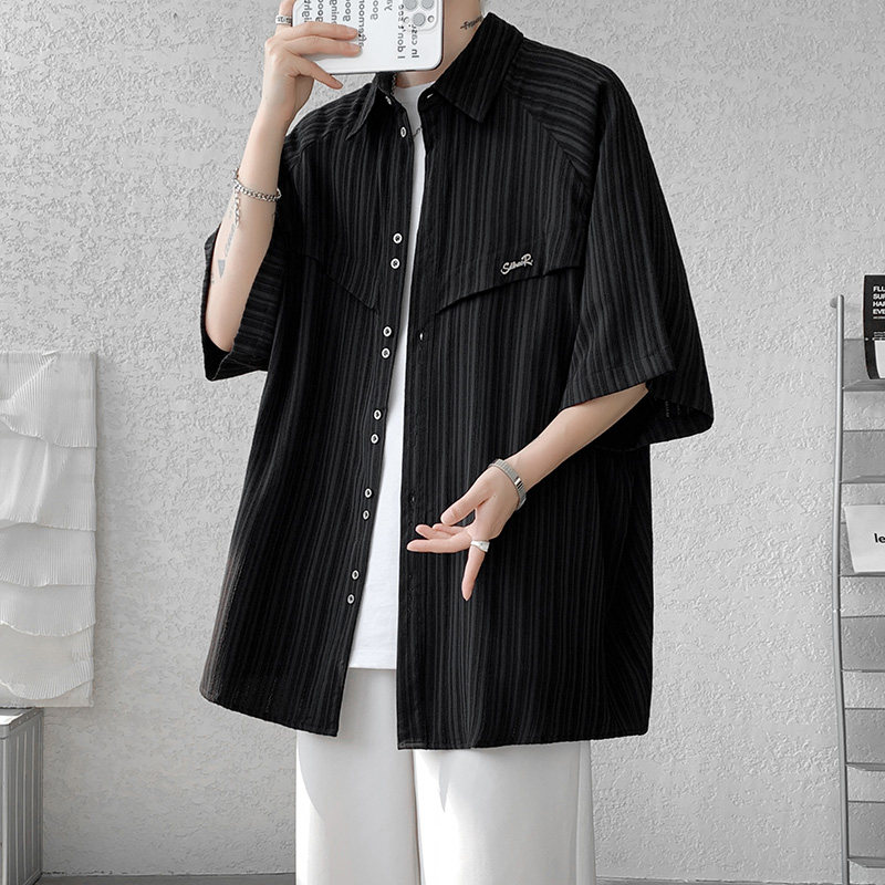 DX1565`肌理纹oversize宽松情侣五分袖短袖衬衫男女P4868,男装衬衫,电商A066