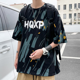 DX1510宽松大码情侣中性风个性字母彩印短袖T恤P3548黑色，男装T恤，电商A066