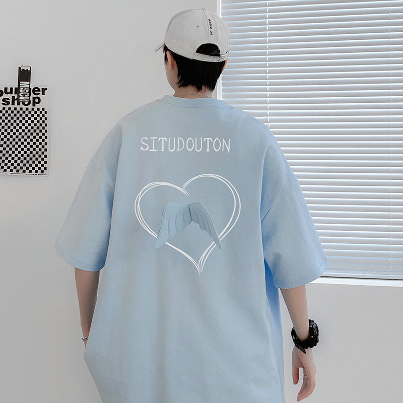 DX1080已注册版权情侣大码宽松小熊翅膀短袖T恤P3548蓝色，男装T恤，电商A066