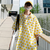 DX1516’中性风宽松情侣大码爱心满印衬衫男女P4058黄色，男装衬衫，电商A066