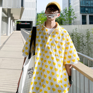 DX1516’中性风宽松情侣大码爱心满印衬衫男女P4058黄色，男装衬衫，电商A066