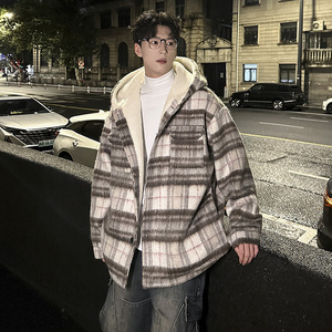 MH15`条纹ins加厚中长款羊羔毛呢料外套连帽棉衣棉服男 P118图片