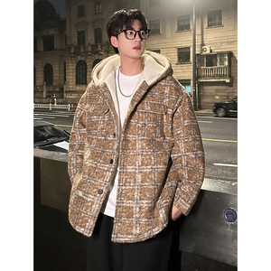 MH13`条纹ins加厚中长款羊羔毛呢料外套连帽棉衣棉服男 P118图片