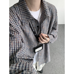 CR019`泡泡纱格子潮牌高街ins衬衫男女P40图片