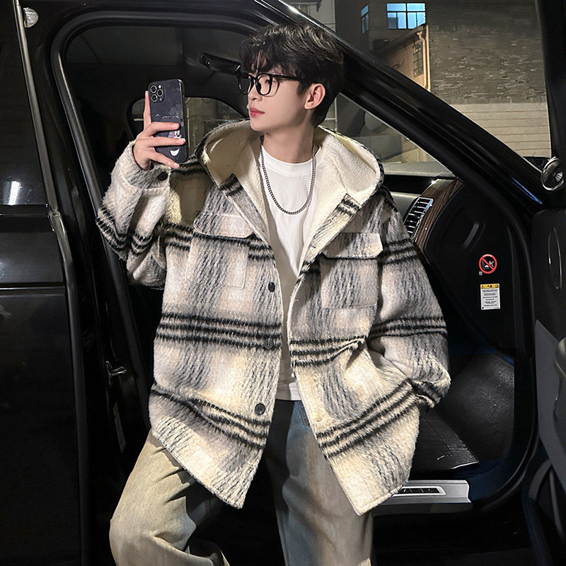 MH08`条纹ins加厚中长款羊羔毛呢料外套连帽棉衣棉服男P118,男装棉衣,电商A066