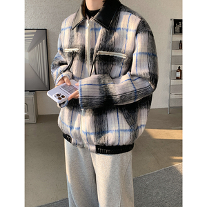 MH06`加厚加棉`条纹格子呢子大衣外套夹克拼皮棉衣棉服男P125图片