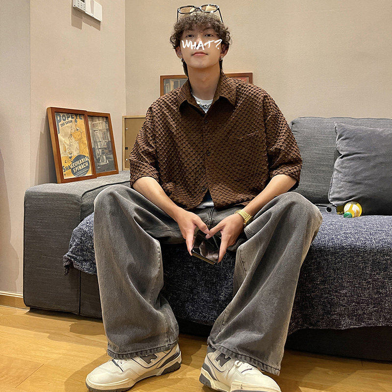 DX1529宽松大码情侣中性立体刺绣街潮短袖五分袖衬衫P4558咖,男装T恤,电商A066