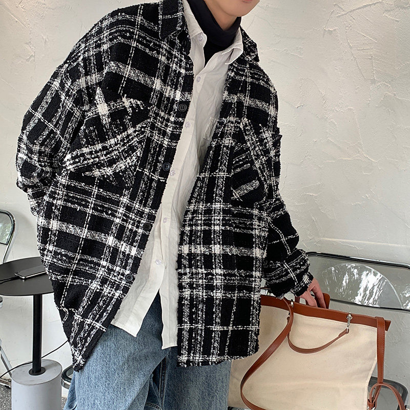 CT20情侣圈圈呢港风宽松格子衬衫外套男学生夹克衬衫男P75,男装夹克,电商A066