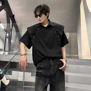 KT1030`垫肩款假两件拼接短袖衬衫男女P58图片