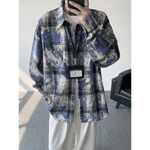 CR013`扎染格子潮牌高街ins衬衫男女特价P28图片