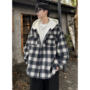 MH10`条纹ins加厚中长款羊羔毛呢料外套连帽棉衣棉服男 P118图片
