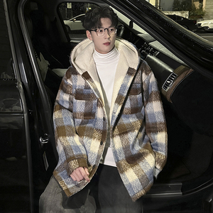 MH18`条纹ins加厚中长款羊羔毛呢料外套连帽棉衣棉服男 P118图片