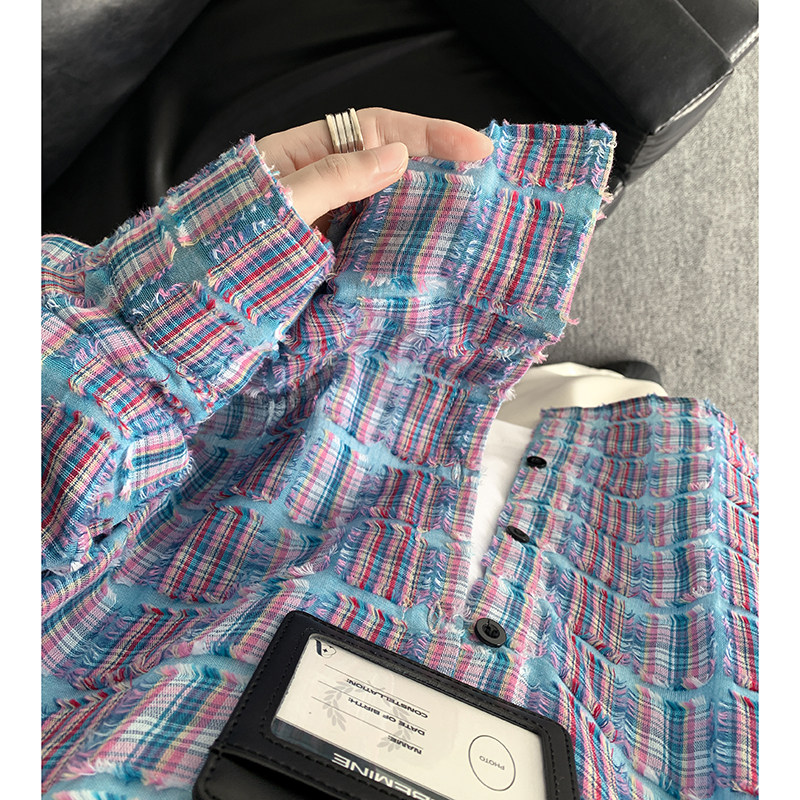 CR017`重工艺格子潮牌高街ins衬衫男女P48,男装衬衫,电商A066