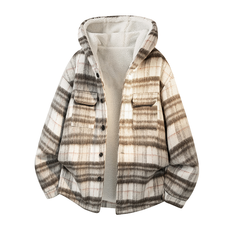 MH15`条纹ins加厚中长款羊羔毛呢料外套连帽棉衣棉服男P118，男装棉衣，电商A066