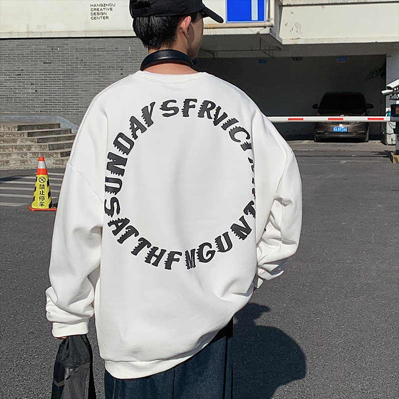 WS01宽松ins潮牌港风大码圆领套头卫衣男P3858白色，男装卫衣，电商A066