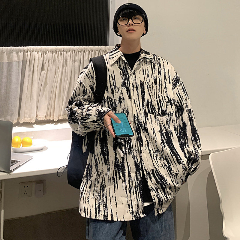 CT21宽松情侣港风大码ins扎染条纹衬衫外套男P4868蓝，男装衬衫，电商A066